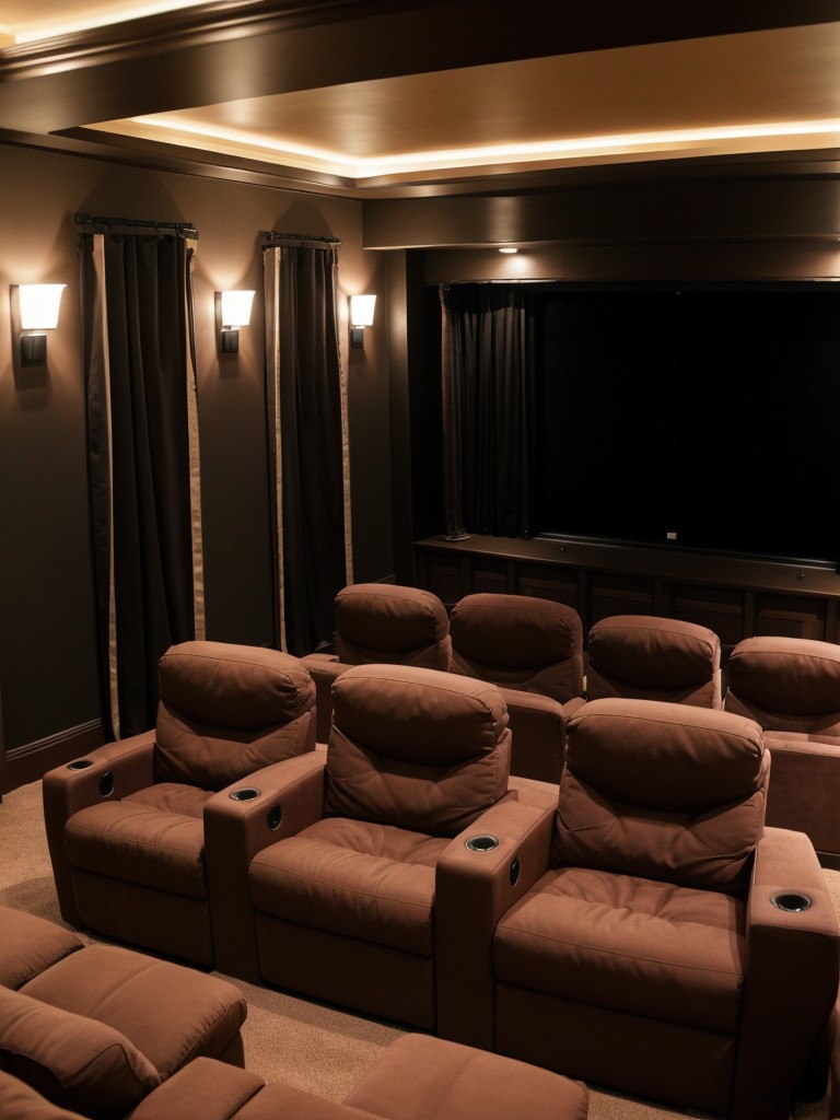 Design a home theater in the spare room, complete with plush seating, blackout curtains, and built-in storage for DVDs and snacks.