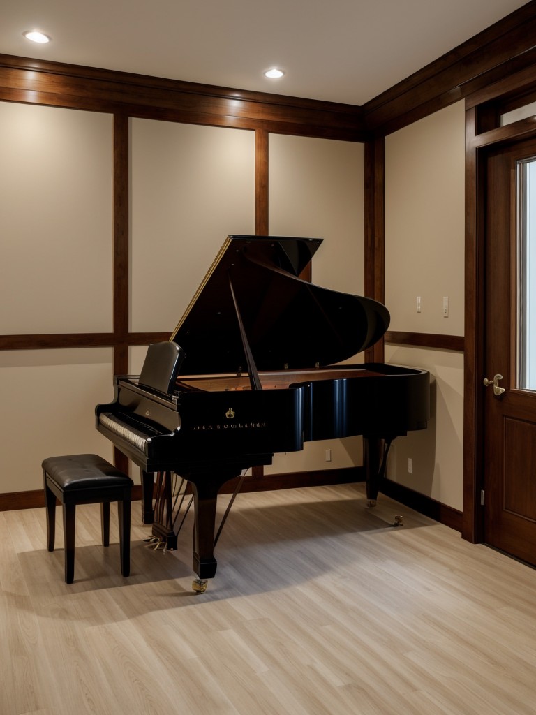 Design a music room in the spare room, with a piano, guitar display, and acoustically treated walls for optimal sound quality.