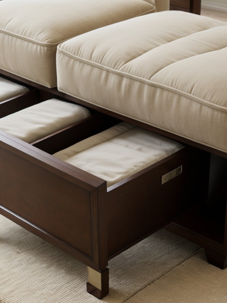 Choose furniture with hidden storage compartments, like ottomans or coffee tables with built-in drawers.