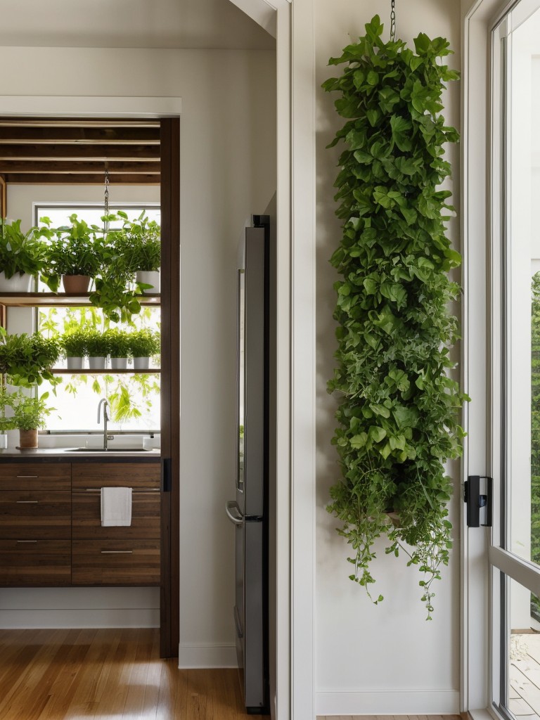 Incorporate vertical gardens or hanging planters to bring a touch of nature into the space.