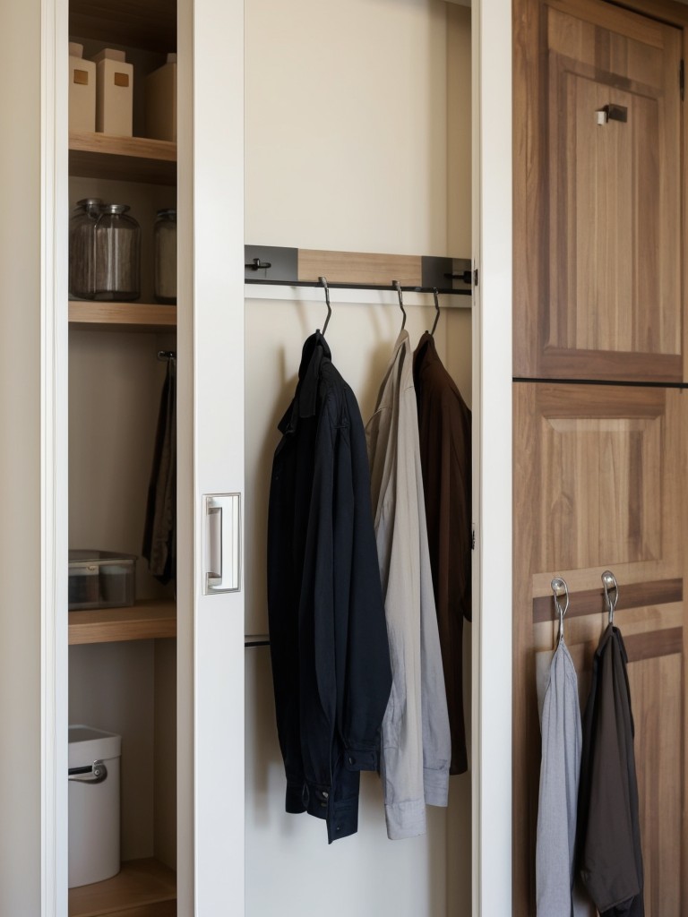 Utilize the back of doors or cabinet doors for hanging clothes using adhesive hooks.