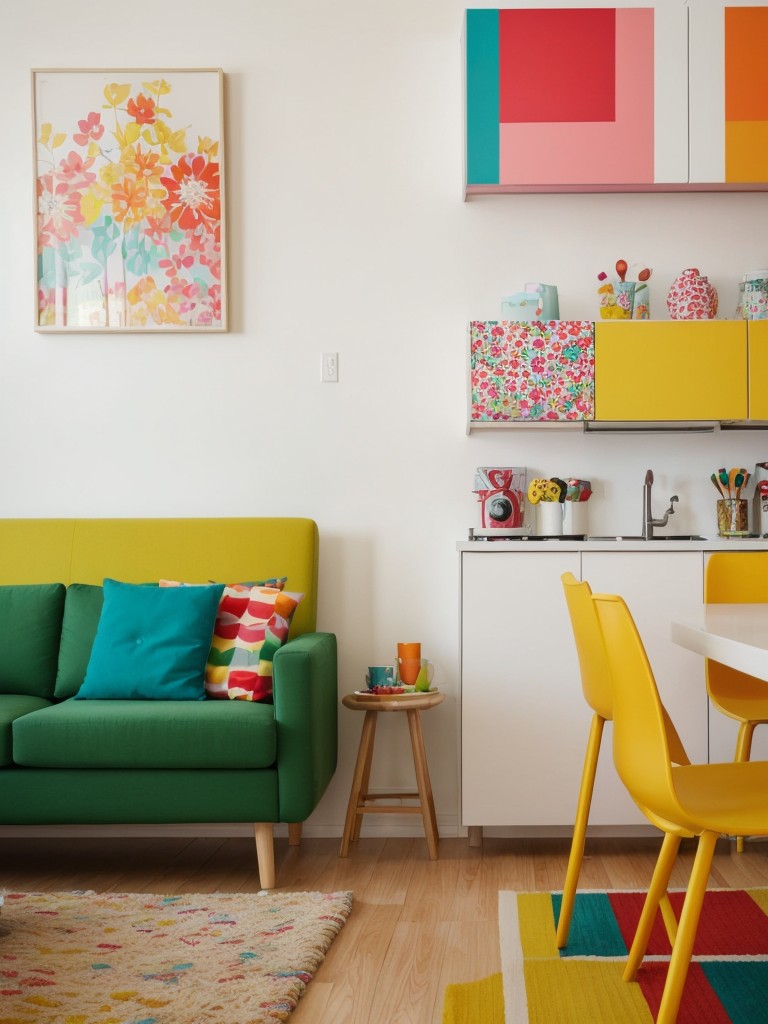 Colorful and playful apartment living room ideas with IKEA, incorporating bright, bold hues, whimsical patterns, and fun furniture pieces to create a vibrant and lively space.