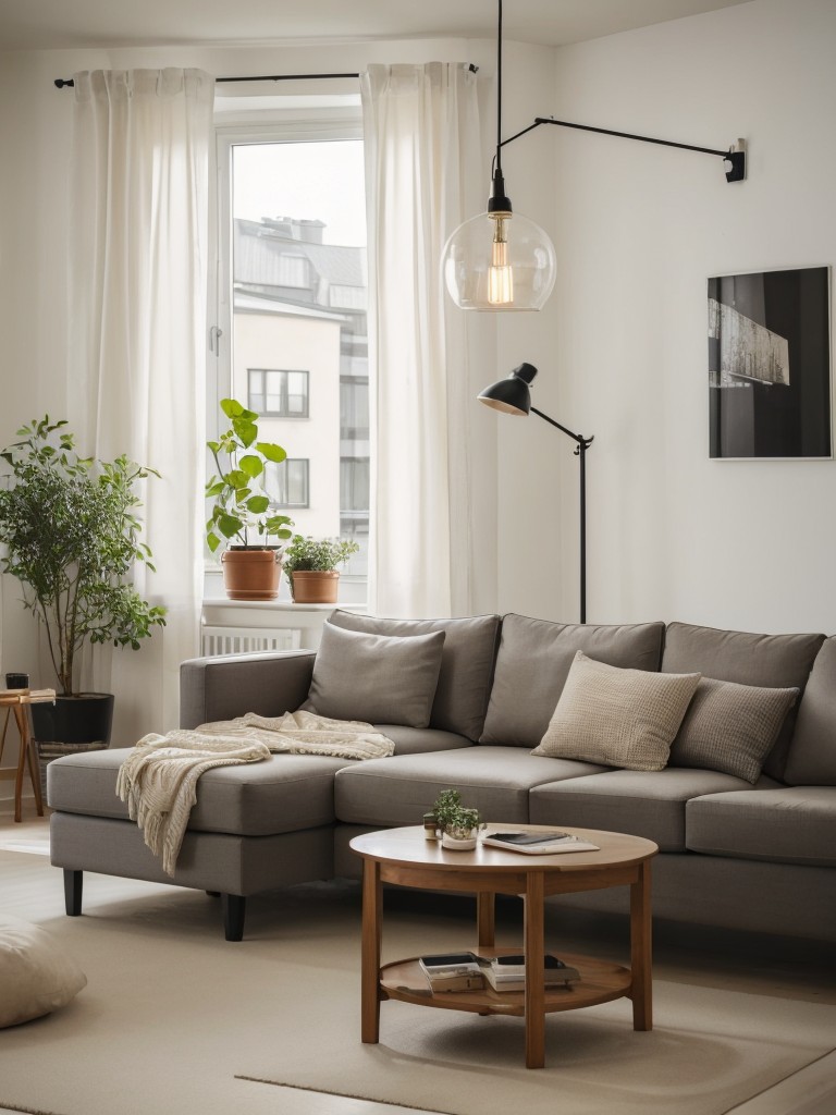 Cozy and functional apartment living room ideas with IKEA furniture, including a statement sofa, versatile storage solutions, and stylish lighting fixtures.