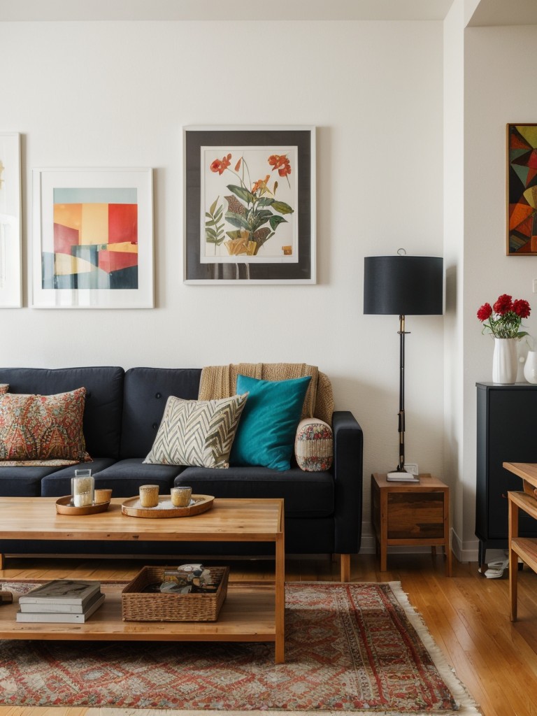 Eclectic apartment living room ideas with IKEA, combining an array of patterns, colors, and textures through furniture, artwork, and accessories for a vibrant and one-of-a-kind look.