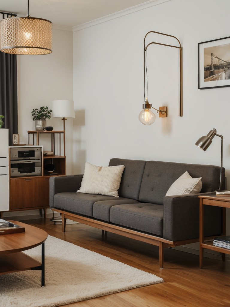 Mid-century modern apartment living room ideas with IKEA, featuring sleek furniture designs, mix of wood and metal accents, and iconic lighting fixtures for a retro-inspired vibe.