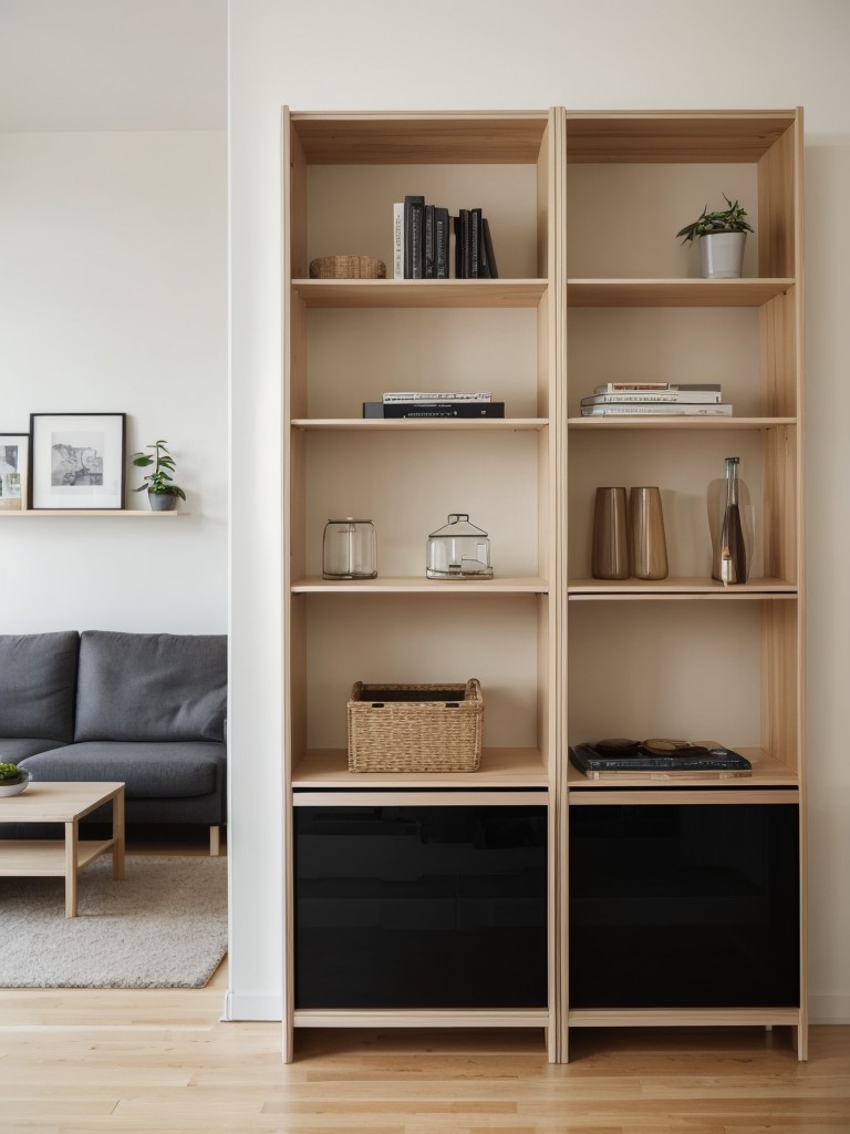 Open-concept apartment living room ideas with IKEA, utilizing modular furniture, room dividers, and clever storage solutions to maximize functionality and style.