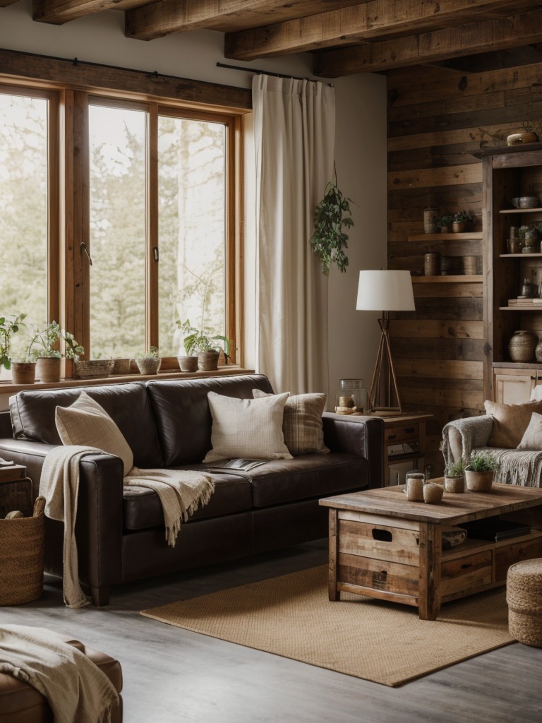 Rustic-chic apartment living room ideas with IKEA, combining natural materials like wood and leather, cozy textiles, and farmhouse-inspired decor for a warm and inviting space.