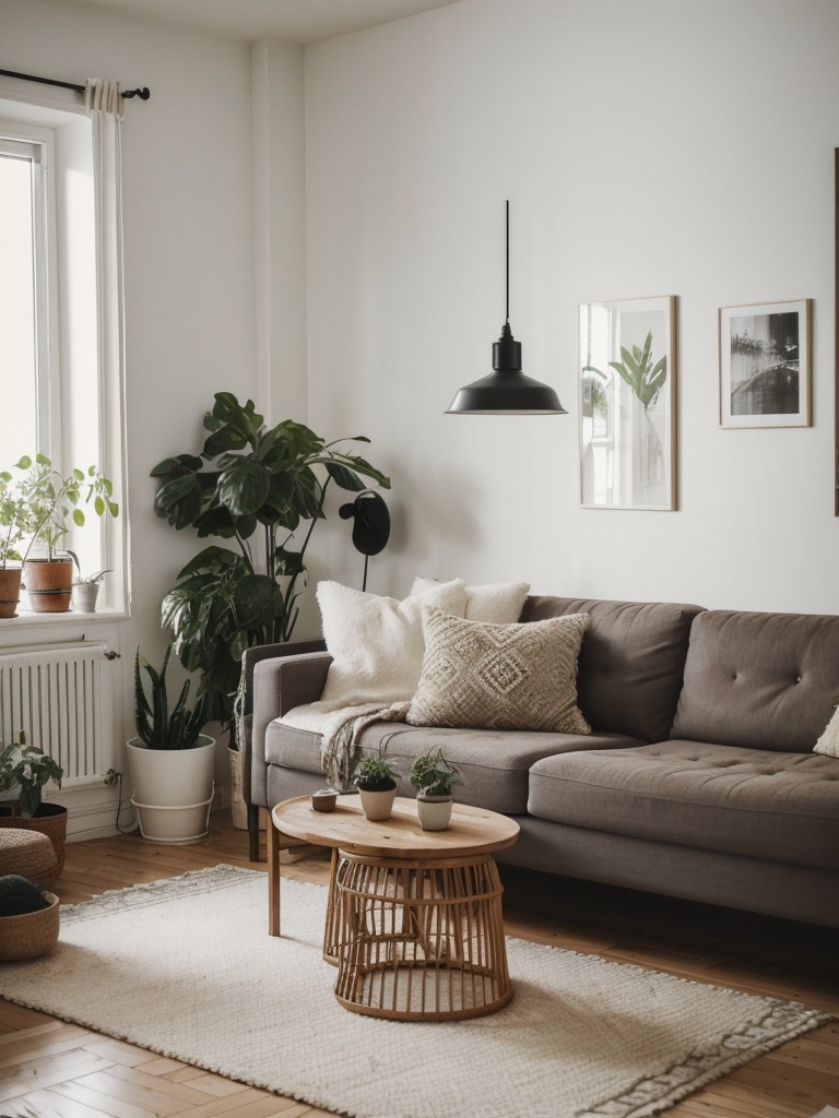 Scandi-Boho apartment living room ideas with IKEA, blending Scandinavian simplicity with bohemian flair through cozy textiles, natural elements, and a mix of vintage and modern furniture.