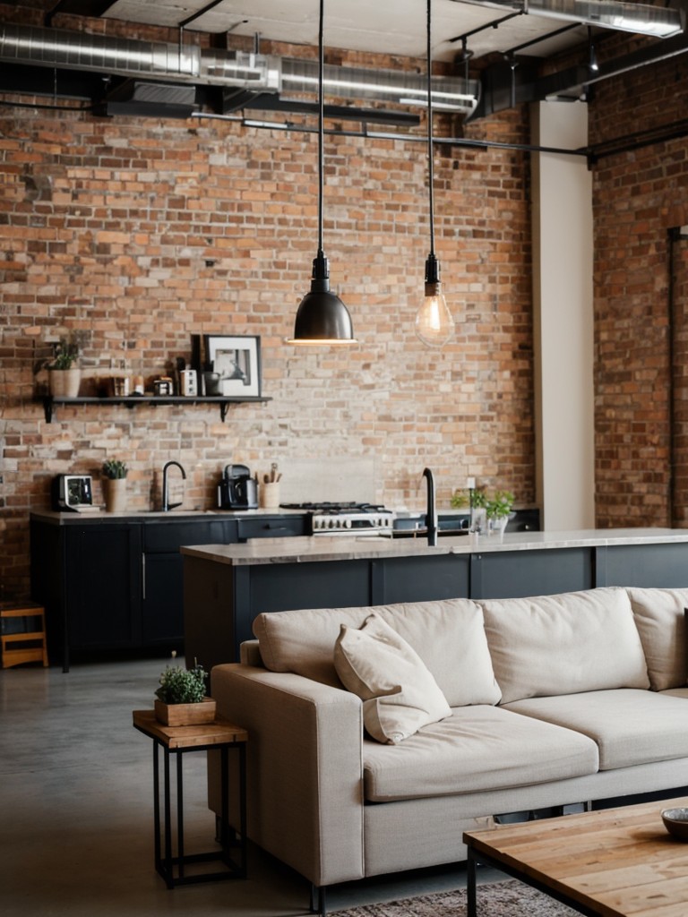 Urban loft apartment living room ideas with IKEA, using industrial-inspired furniture, exposed brick walls, and statement lighting fixtures to achieve a trendy and loft-like feel.