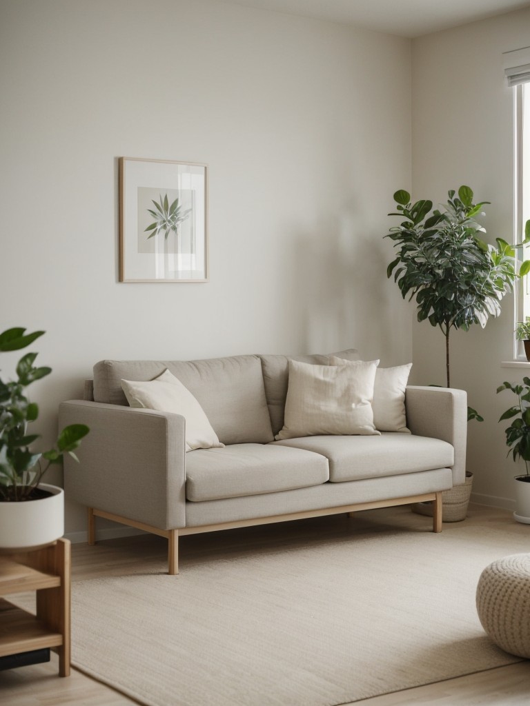 Zen-inspired apartment living room ideas with IKEA, focusing on natural elements, neutral colors, and minimalistic furniture for a soothing and calming atmosphere.