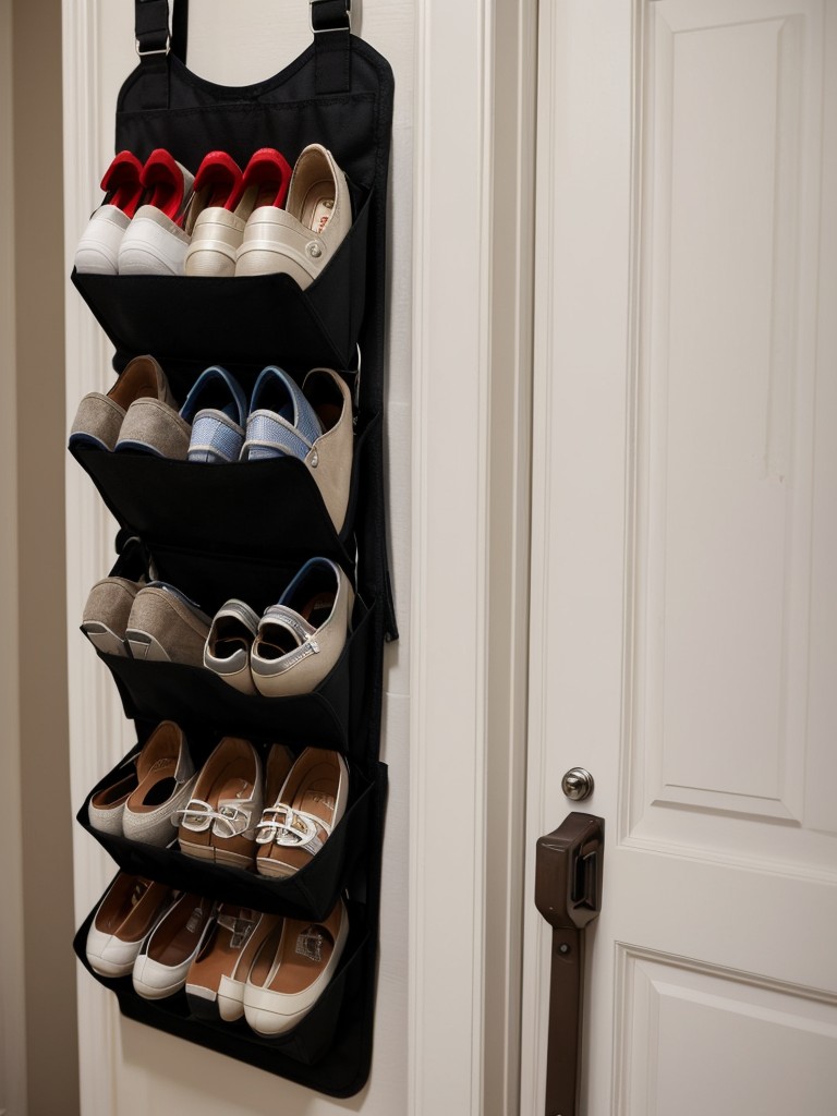 Hang a shoe organizer on the back of your front door to keep your footwear organized and easily accessible.