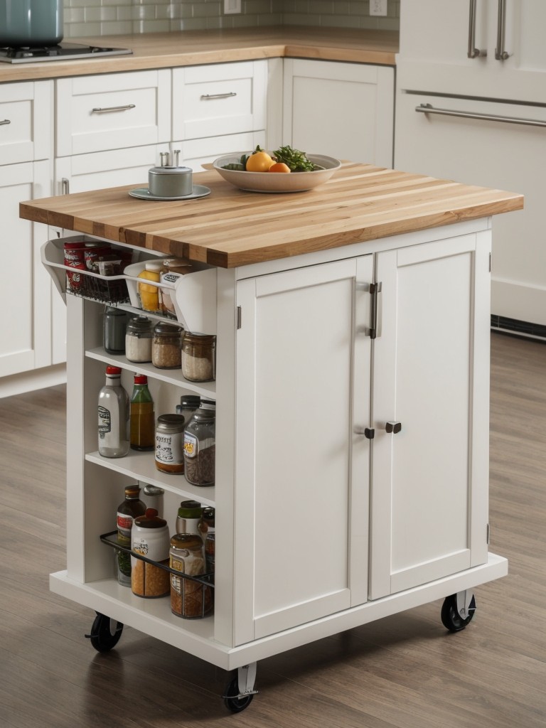 Incorporate a small portable kitchen island with wheels to provide extra storage and counter space.