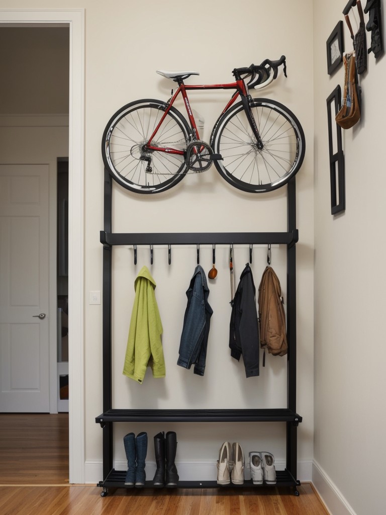 Incorporate a wall-mounted bike rack to keep your bicycle off the floor and save space.