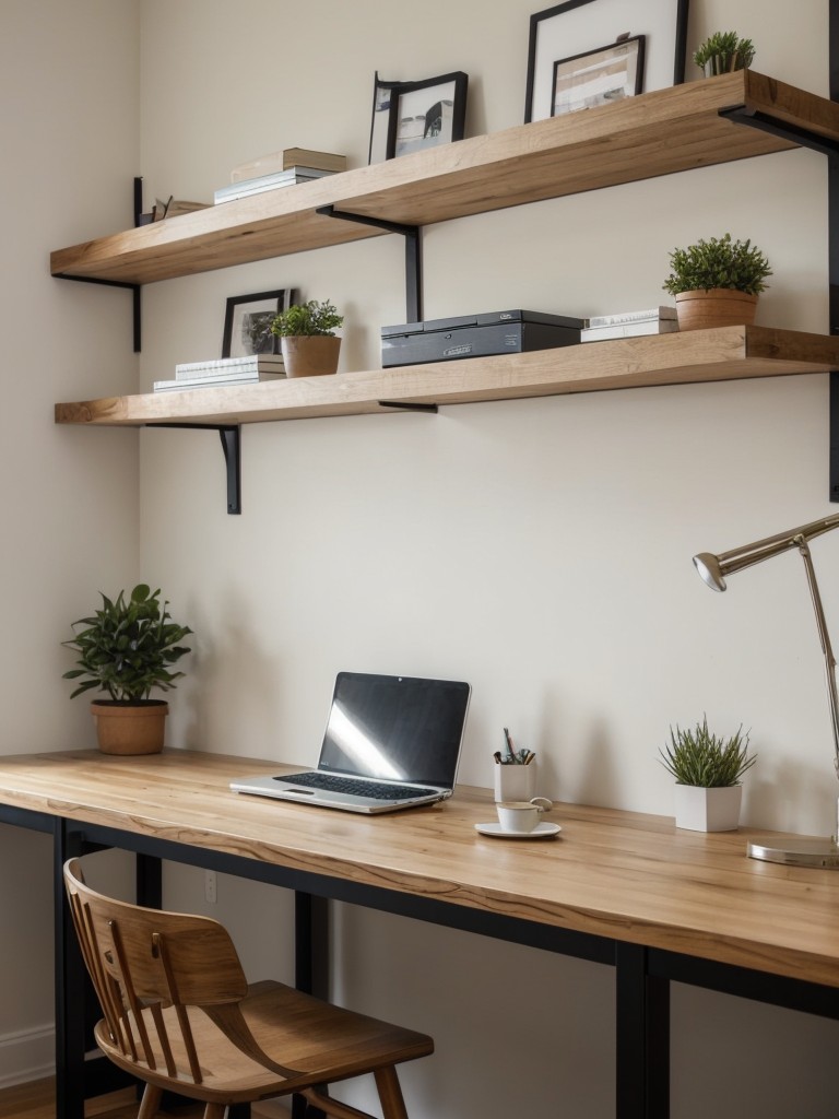 Incorporate a wall-mounted desk with floating shelves for a functional workspace.