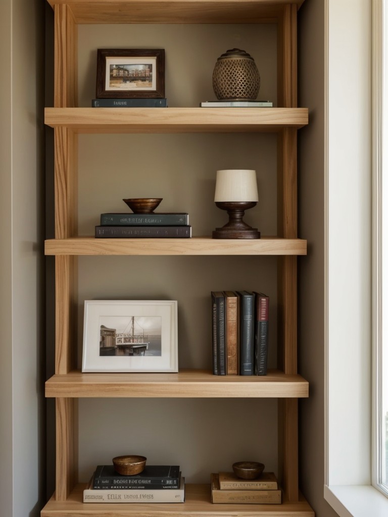 Install a small bookshelf or floating shelves for displaying books and personal items.