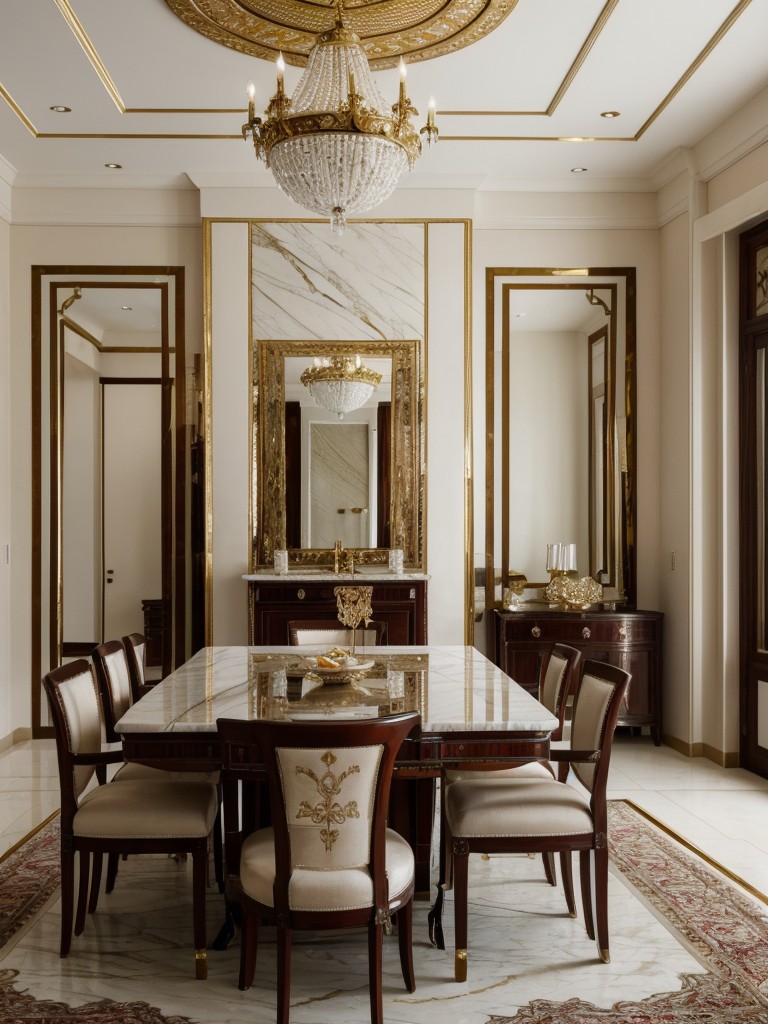 Add a touch of opulence to your apartment by incorporating elements of Mughal-inspired design, such as luxurious silk fabrics, mirrored furniture, and intricate marble inlays for a regal and extravagant feel.