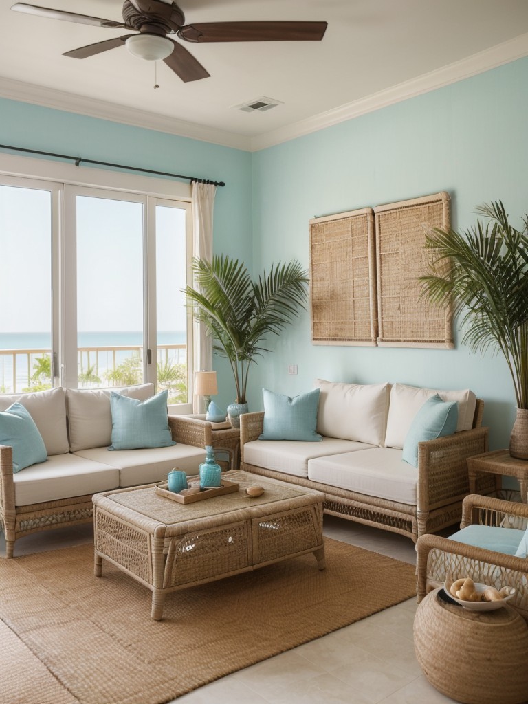 Create a coastal-inspired Indian apartment by incorporating elements of beach and palm motifs, light colors like pastel blues and sandy beige, and natural textures like rattan furniture and jute rugs, evoking a sense of tranquility and relaxation.