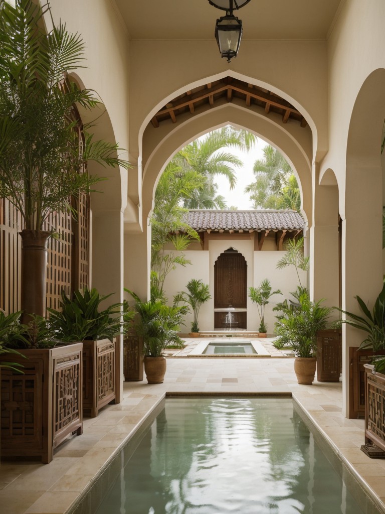 Create an oasis of calmness in your apartment by designing a traditional Indian courtyard-inspired space, with a central water feature, lush greenery, and open archways, invoking a sense of serenity and tranquility.