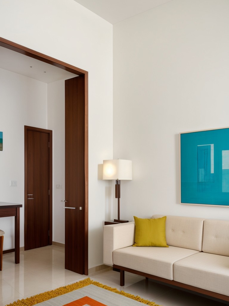 Design a modern Indian apartment by incorporating clean lines, minimalistic furniture, and incorporating pops of vibrant colors through artwork and textile choices, for a fresh and contemporary interpretation of Indian aesthetics.