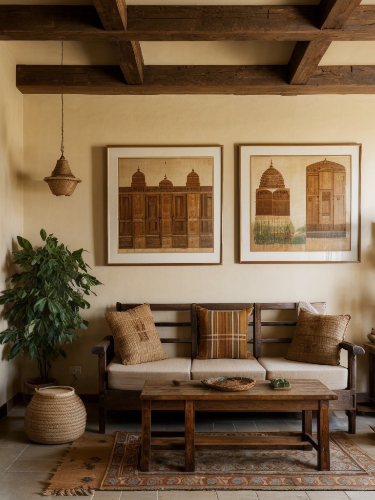 Go for a rustic and earthy Indian apartment look by using natural materials like jute rugs, terracotta tiles, and handcrafted wooden furniture, paired with warm-toned textiles and traditional artwork.