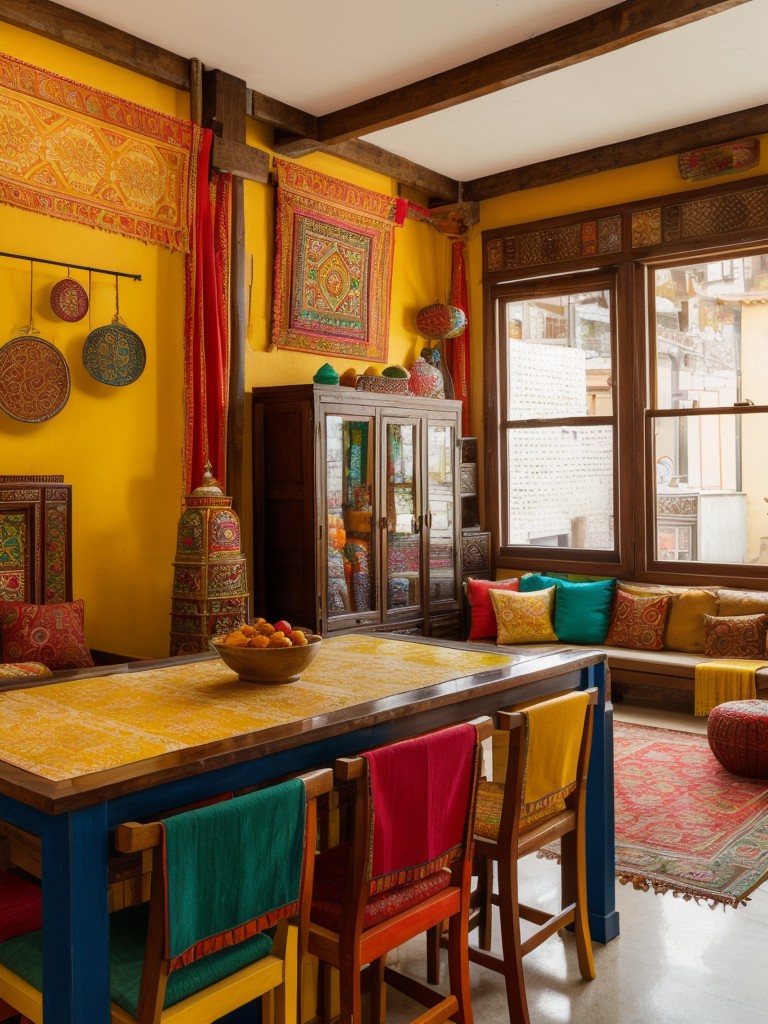 Incorporate elements of the vibrant and lively Indian bazaar in your apartment by displaying colorful spices, handcrafted crafts, and intricate textiles, creating a vibrant and bustling ambiance reminiscent of street markets.