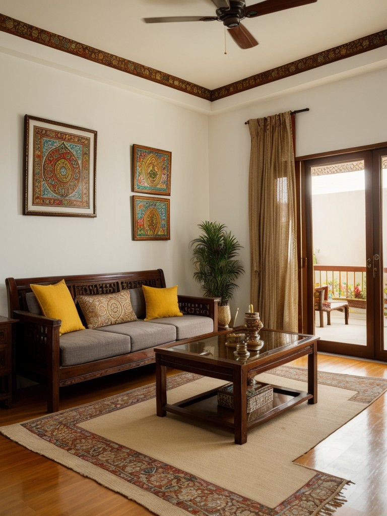 Incorporate intricate Indian artwork, such as Madhubani paintings, Tanjore paintings, or Rajasthani miniatures, as focal points on your apartment walls to add a touch of cultural heritage and artistic expression.