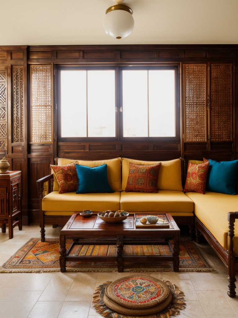 Indian-inspired apartment design with vibrant colors, intricate patterns, and traditional furniture pieces like carved wood and brass accents, incorporating elements like handwoven textiles and decorative pottery.