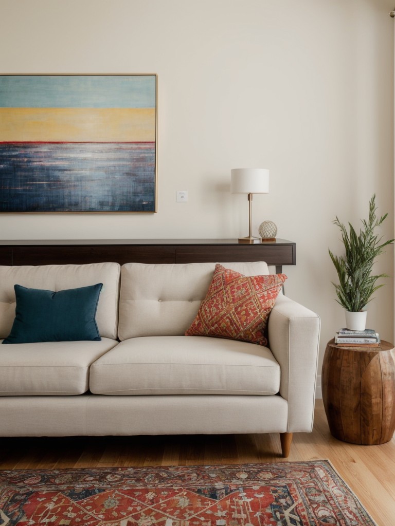 Add pops of color with accent pillows, art pieces, or a vibrant area rug to liven up the space.