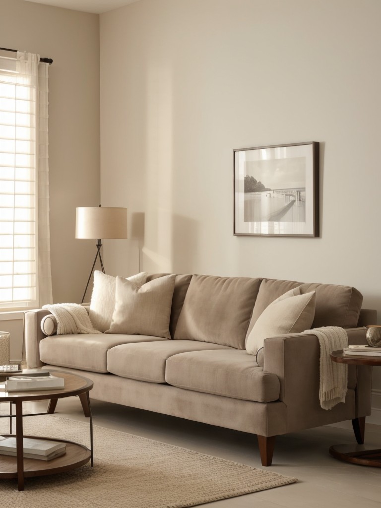 Create a cozy atmosphere with a neutral color palette, plush sofas, and soft lighting.