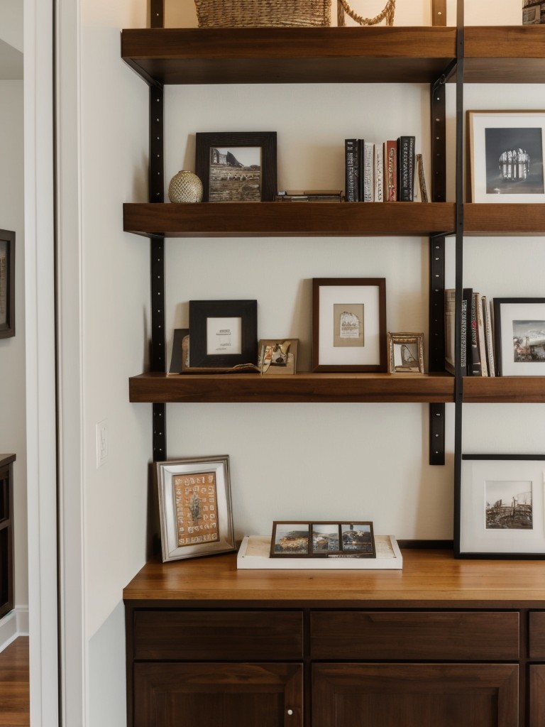 Install wall-mounted shelving units to display your favorite books, personal mementos, and decorative objects.