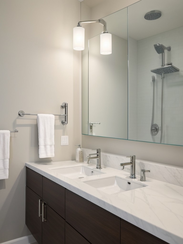 Achieve a modern and sleek look in your apartment bathroom by upgrading to contemporary fixtures, such as a rainfall showerhead and a wall-mounted vanity.