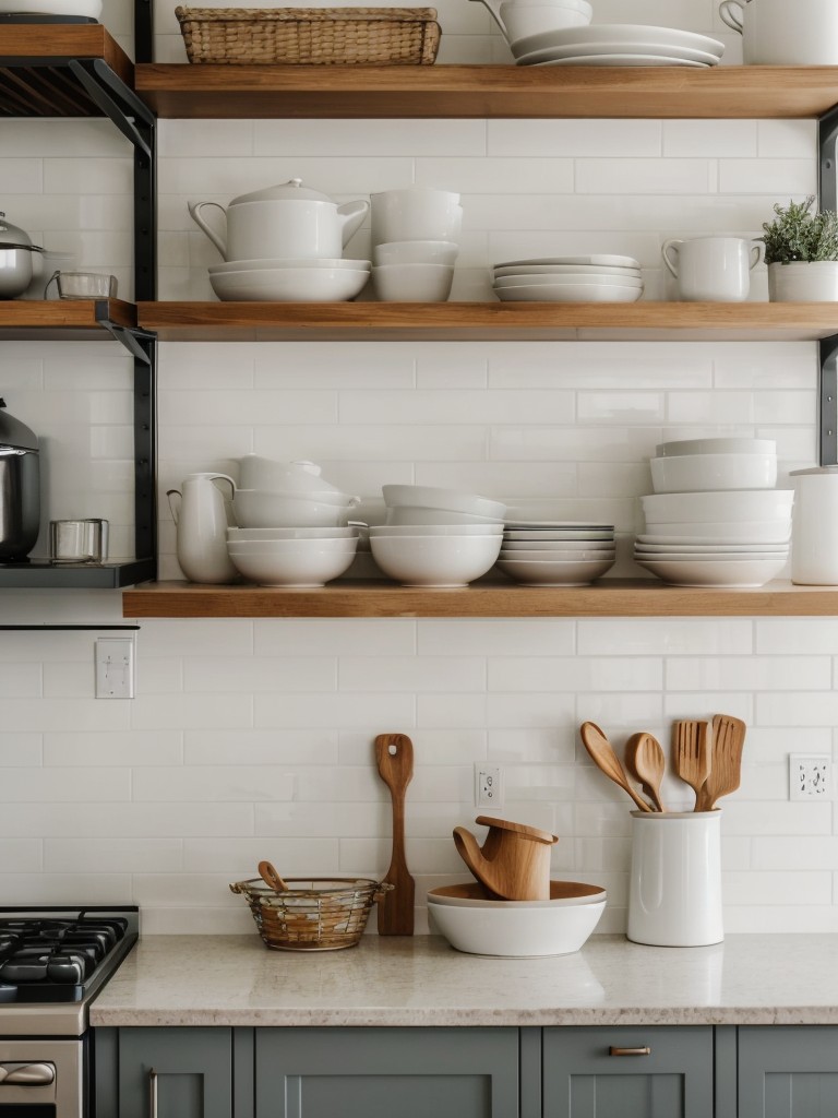 Embrace a minimalist and open concept design by using open shelving in your apartment kitchen, creating a visually appealing display for your dinnerware and kitchen accessories.