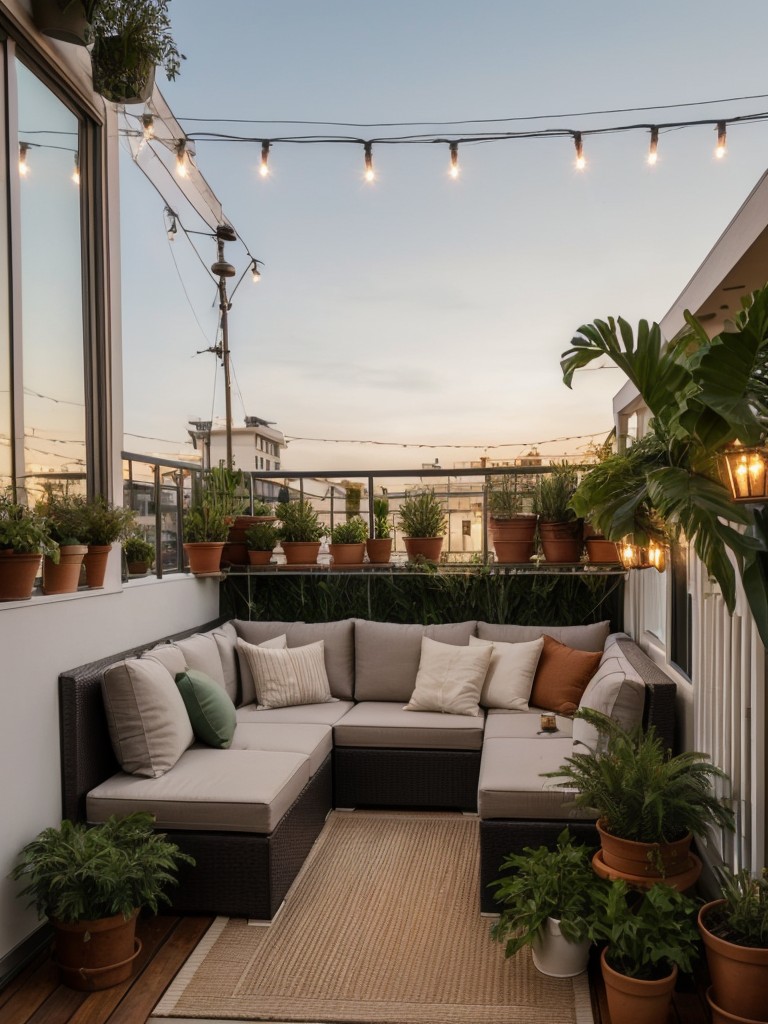 Enhance the ambiance of your balcony by adding outdoor rugs, string lights, and potted plants for a touch of greenery.