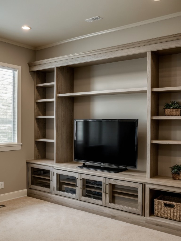 Incorporate hidden storage solutions such as an entertainment center with built-in shelves to keep your small living room clutter-free.