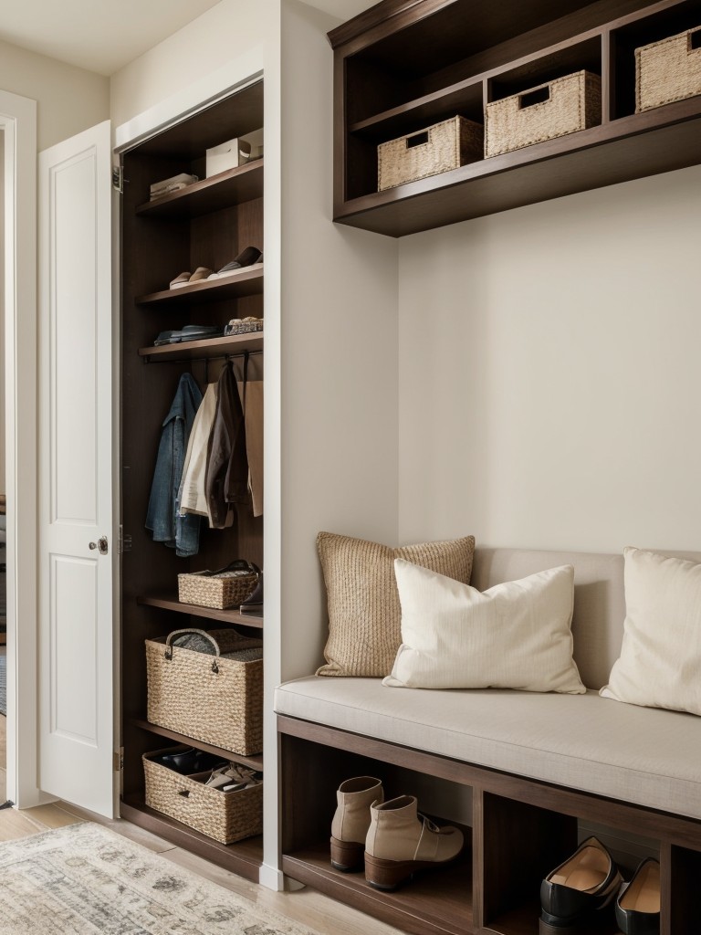 Maximize functionality in your apartment entryway by incorporating storage solutions such as a console table with drawers or a bench with built-in compartments for shoes and accessories.