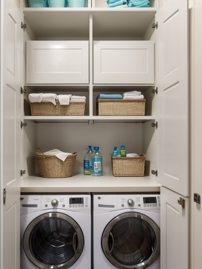 Maximize storage space in your apartment laundry room by installing built-in shelves or cabinets to neatly store cleaning supplies, laundry detergents, and additional linens.