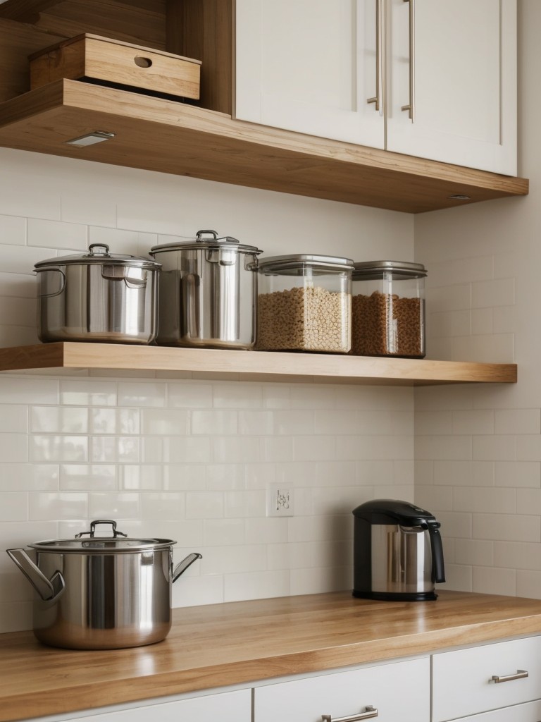 Opt for floating shelves above your countertops to maximize storage and provide easy access to frequently used items in your apartment kitchen.