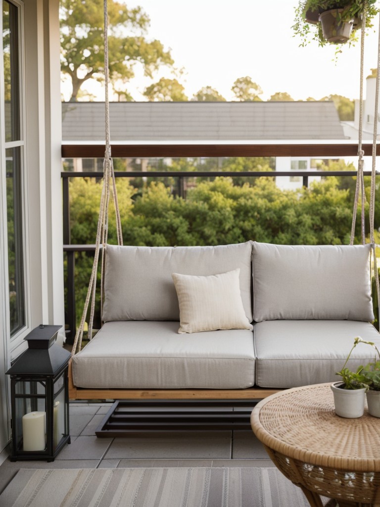 Transform your apartment balcony into a cozy outdoor retreat by incorporating comfortable seating options, such as a small sectional sofa or a hanging swing chair.