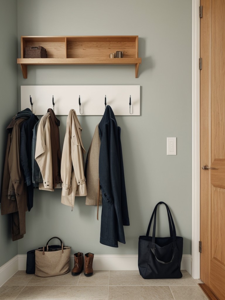 Use hooks or a wall-mounted coat rack to keep jackets and bags organized and easily accessible in your apartment entryway.