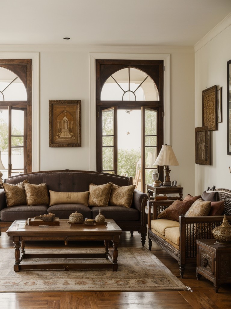 Combine traditional and contemporary elements by pairing antique Indian furniture pieces with modern accessories to create a unique and eclectic living room design.