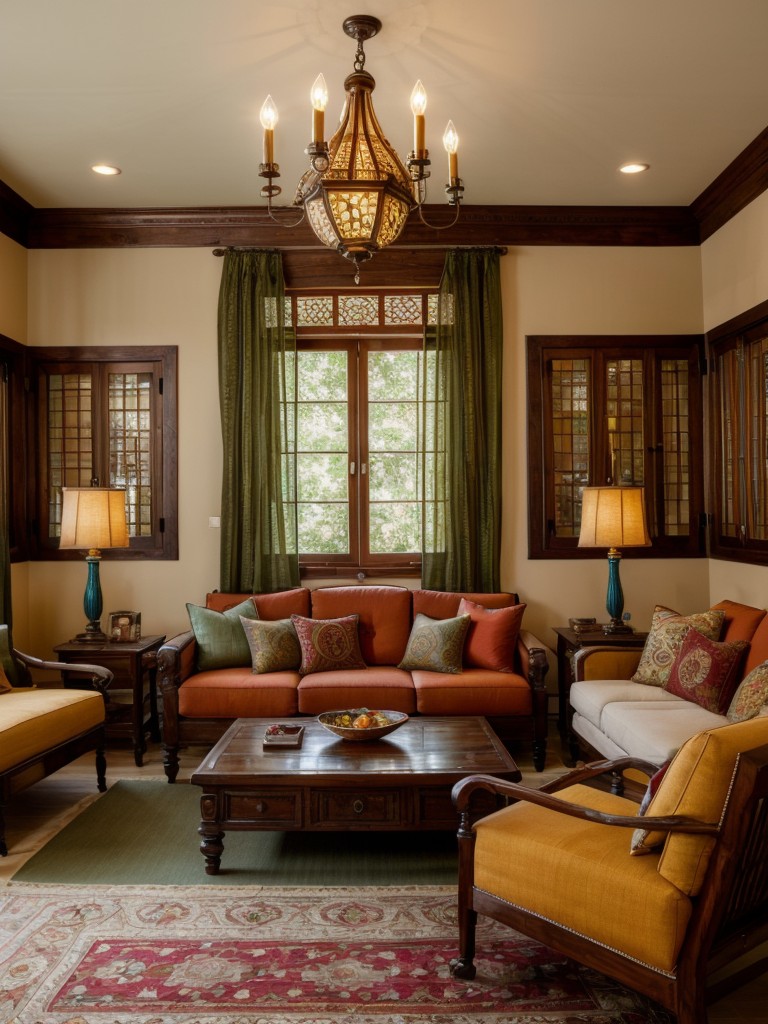 Create an Indian-inspired living room using rich wooden furniture, colorful textiles, and ornate light fixtures, such as hanging lanterns or chandeliers.