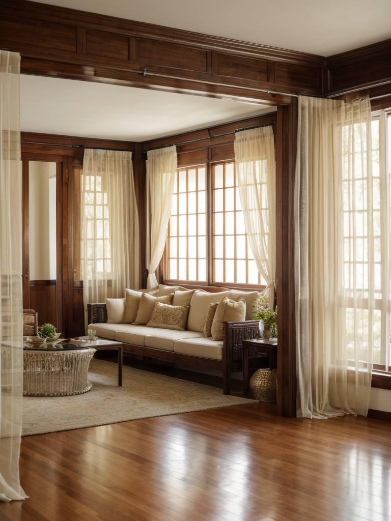 Create a sense of openness and flow in your Indian living room by using sheer curtains or room dividers made of sari fabric or beaded curtains.