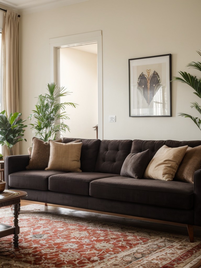 Design your Indian living room with a focus on comfort and relaxation, using plush sofas, floor cushions, and large rugs for a cozy ambiance.