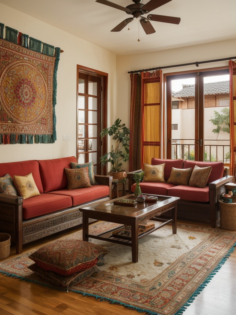 Indian apartment living room ideas with a vibrant color palette, intricate patterns, and traditional décor elements like floor cushions and tapestries.