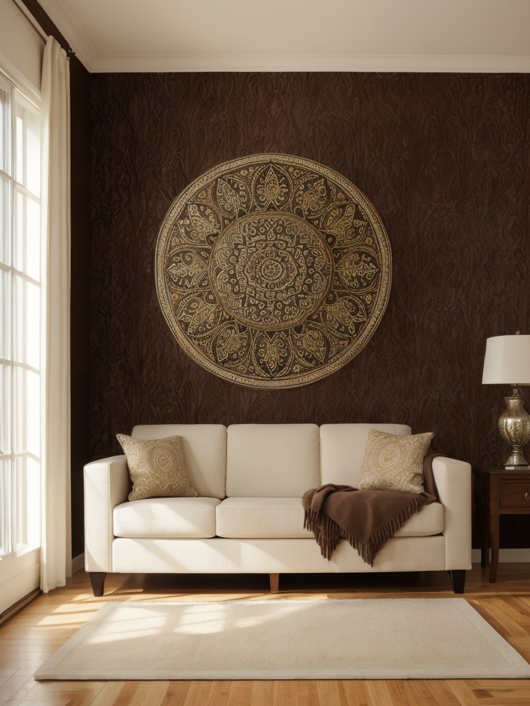 Use wall art or wallpaper featuring traditional Indian motifs, such as paisley or mandala designs, to create a visually striking focal point in your living room.