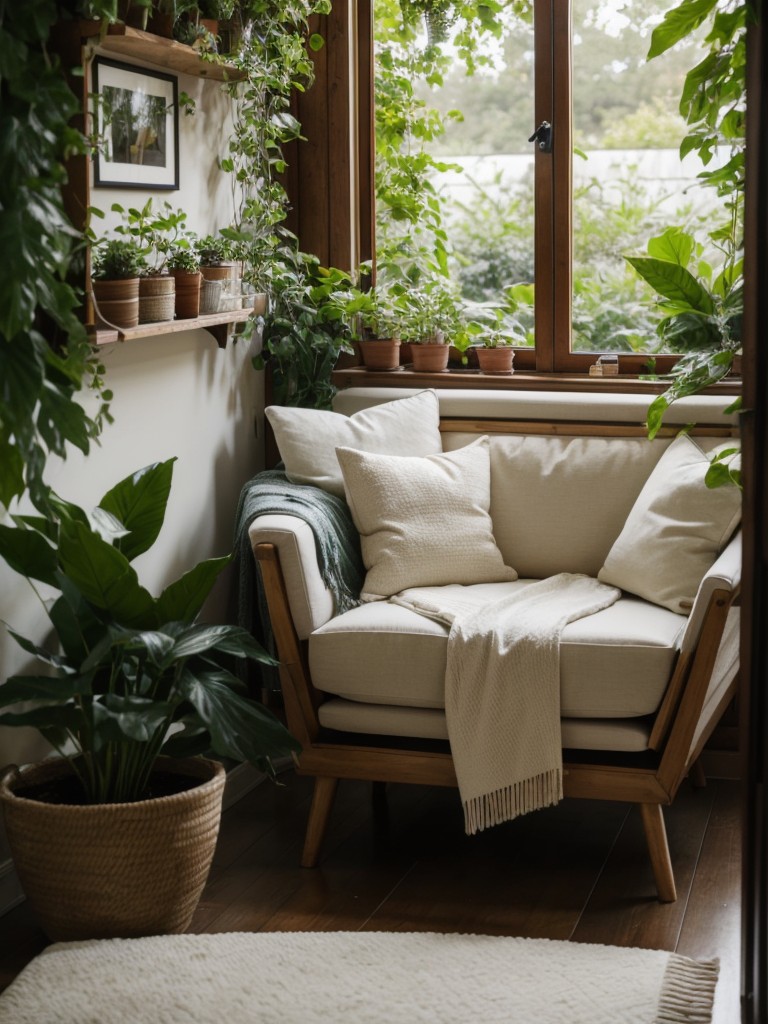 Create a cozy reading nook surrounded by lush greenery and hanging plants.