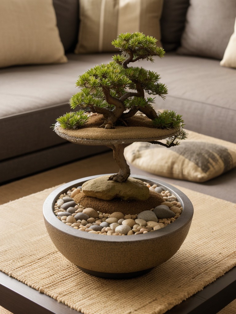 Create a mini Zen garden on a small coffee table using sand, rocks, and small bonsai trees.