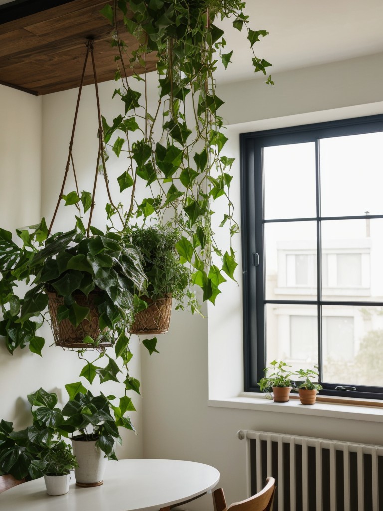 Hang trailing plants like ivy or pothos from the ceiling to add life and greenery to your apartment.