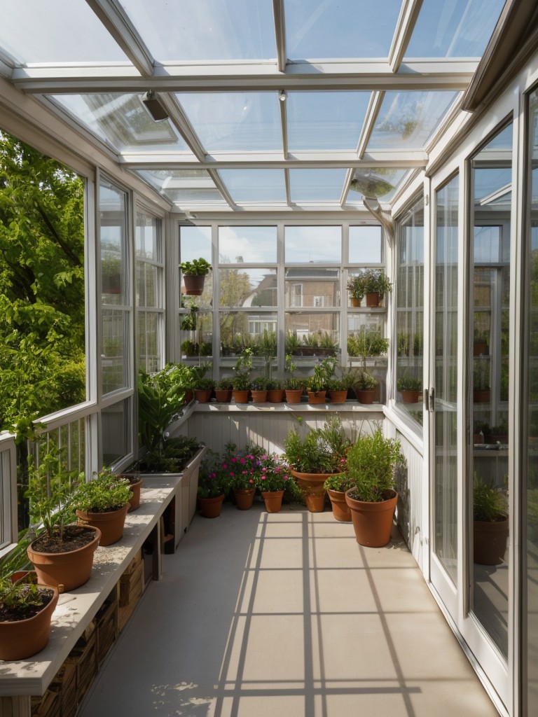 Install a small greenhouse or glass enclosure on your balcony for year-round gardening in a limited space.