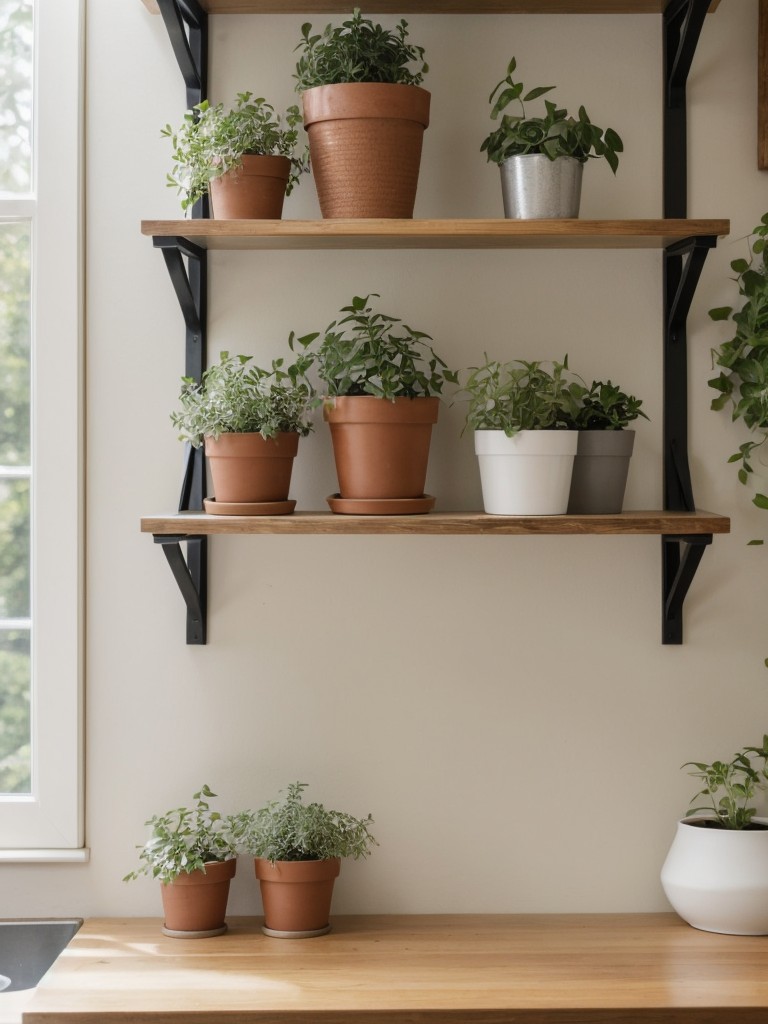 Place small leafy plants on open shelving units to add a touch of nature to your living space.